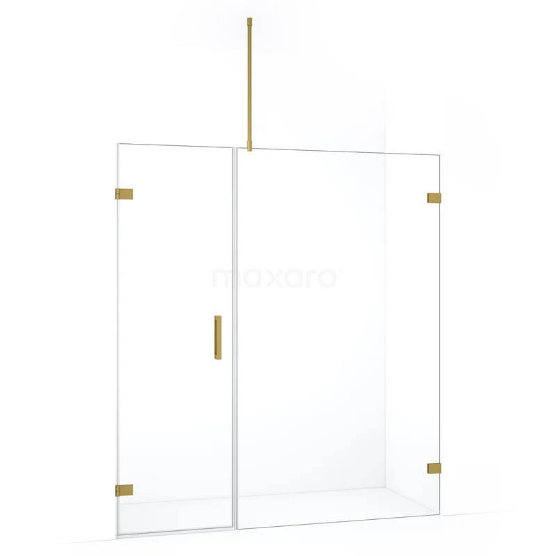 Glazen douchewand met gouden accenten, minimalistisch design, ideaal voor een moderne badkamer.