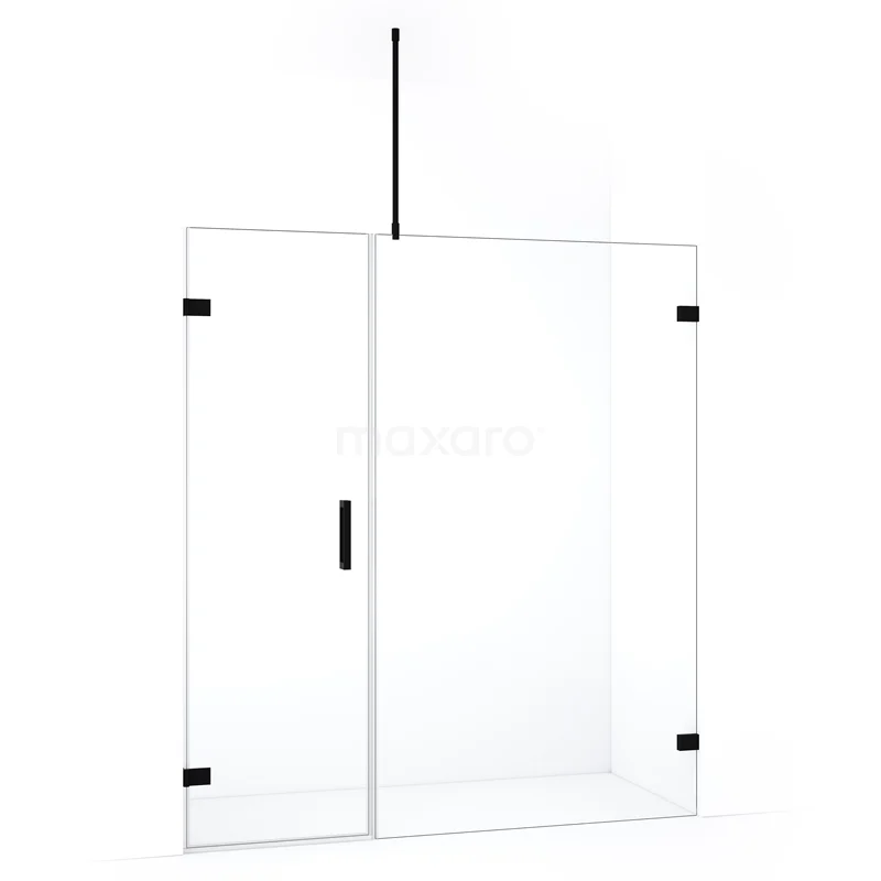 Glazen douchewand met zwarte details, minimalistisch ontwerp, ideale scheidingswand voor moderne badkamers.