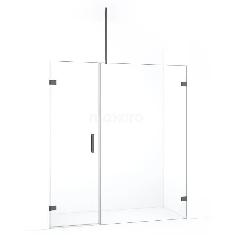 Glazen douchewand met mat zwarte scharnieren, strak design en modern profiel, ideaal voor een stijlvolle badkamerinrichting.