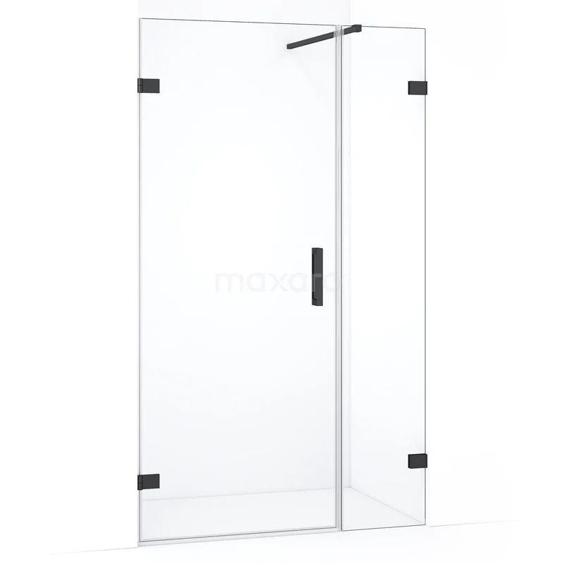 Douchewand helder glas met zwarte accenten, hoekmodel, minimalistisch design, ideaal voor moderne badkamers.