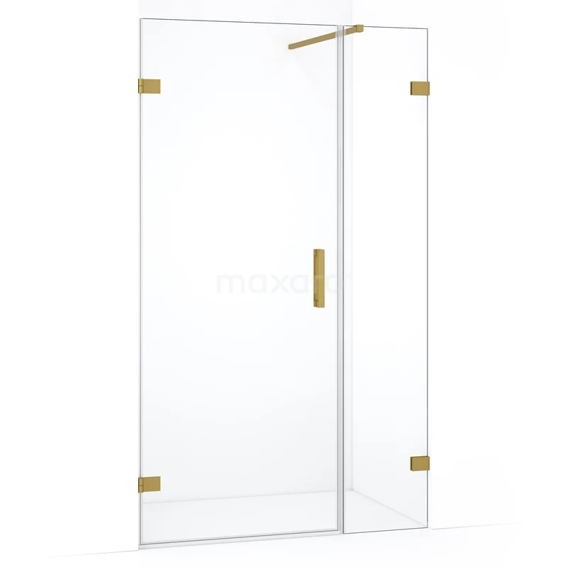 Glazen douchedeur met goudkleurige scharnieren en handgreep, modern design voor een stijlvolle badkamer.