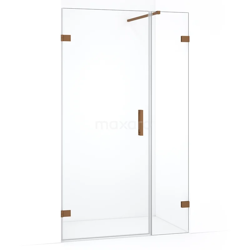 Douchedeur met helder veiligheidsglas en bronskleurige scharnieren, modern ontwerp voor luxe badkamers.