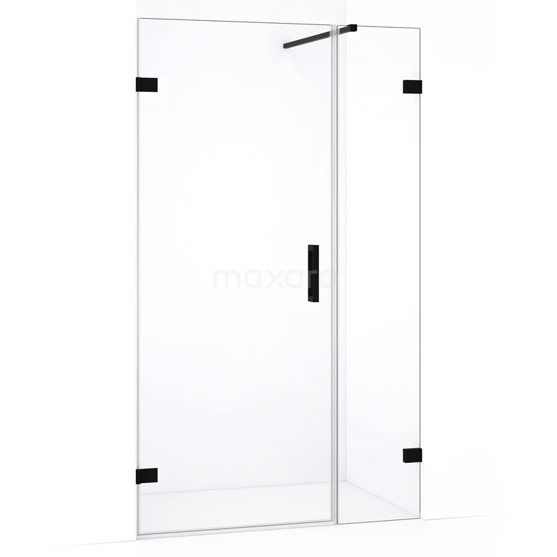 Douchewand met deur, helder glas, zwart beslag, modern design, ideaal voor badkamerinrichting.