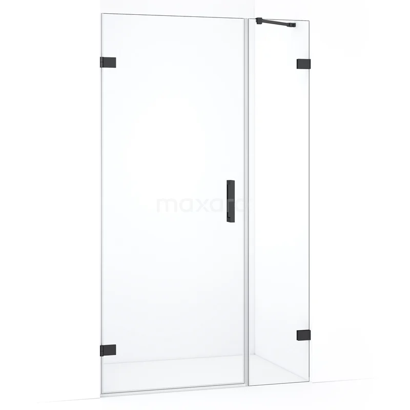 Douchecabine met helder glas, zwarte scharnieren en handgreep, strak design, ideaal voor moderne badkamers.