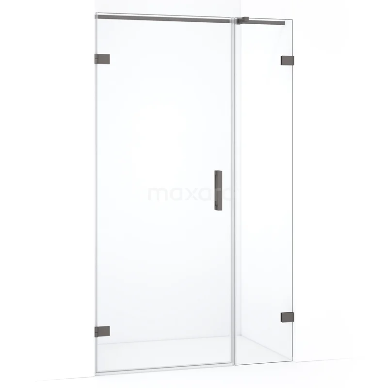 Glazen douchedeur met modern design, heldere scharnieren en metalen handgreep, ideaal voor een stijlvolle badkamer.