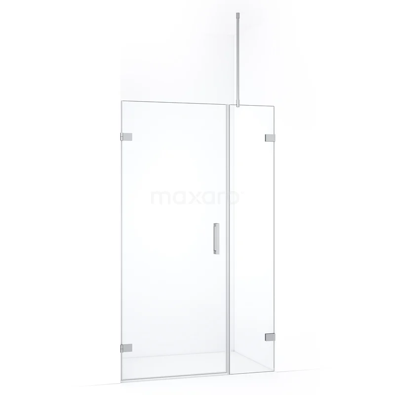Glazen douchewand met deur, transparant design, modern RVS beslag, perfect voor een strakke badkamerstijl.