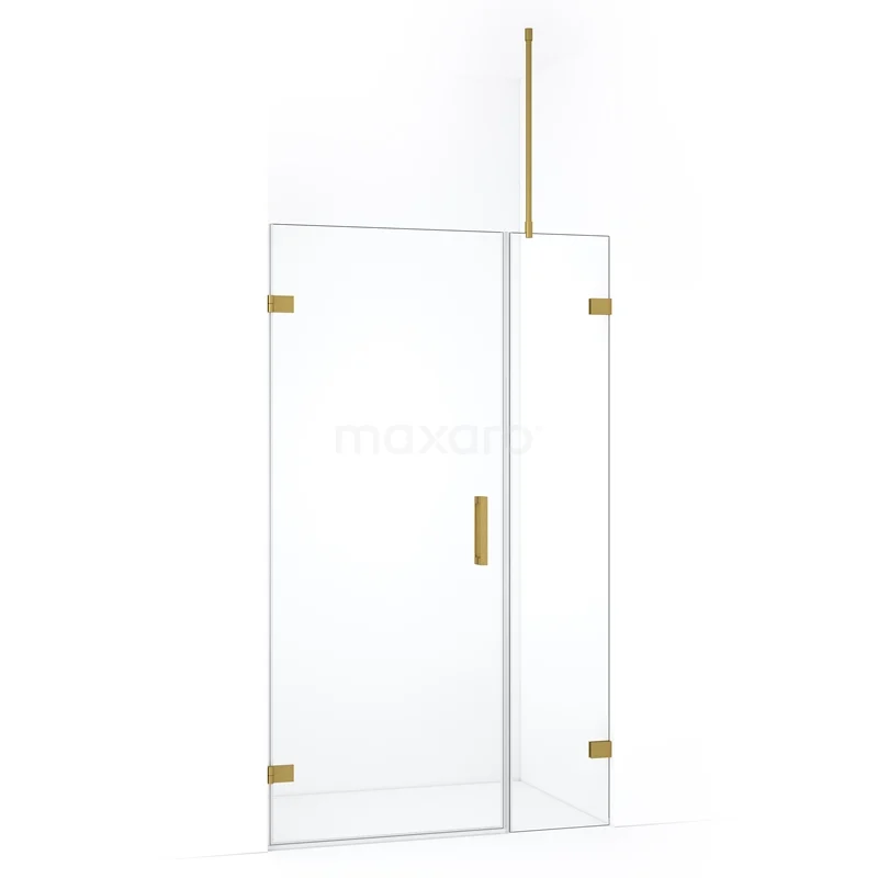 Glazen douchewand met gouden scharnieren en handgreep, luxe design ideaal voor moderne badkamers.