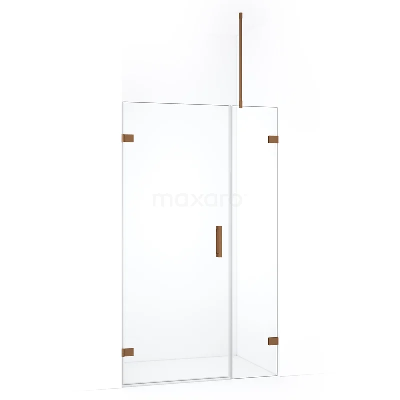 Glazen douchewand met matgouden details, strak design, ideaal voor een moderne badkamer.