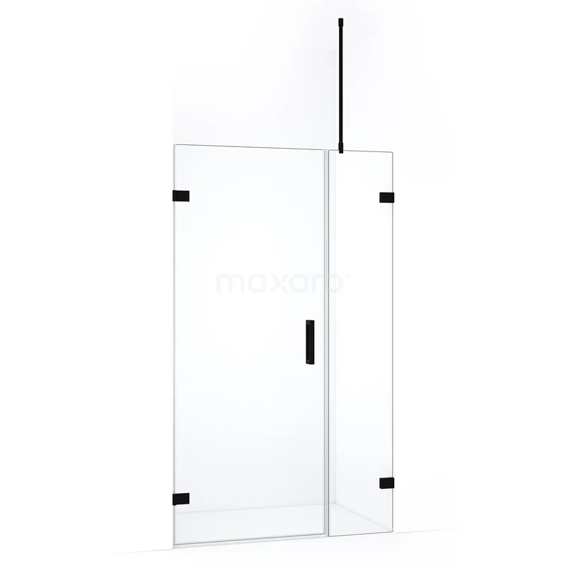 Glazen douchewand met draaideur, helder glas, zwarte scharnieren, inclusief stabilisatiestang. Perfect voor moderne badkamers.