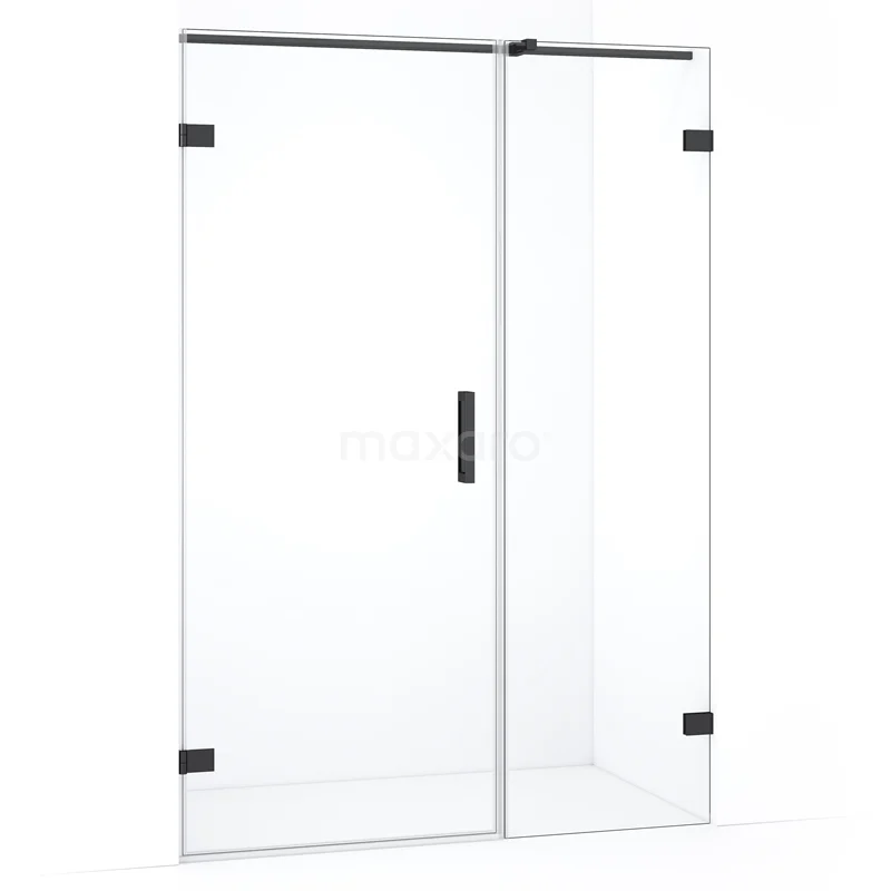 Glazen douchewand met mat zwarte accenten, strak design en inklapbare deuren, ideaal voor een moderne badkamer.