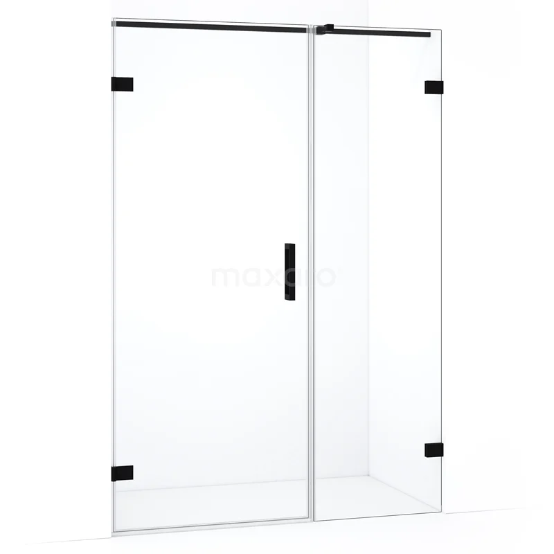 Glazen douchewand met zwarte accenten, minimalistisch design, ideaal voor een moderne badkamer.