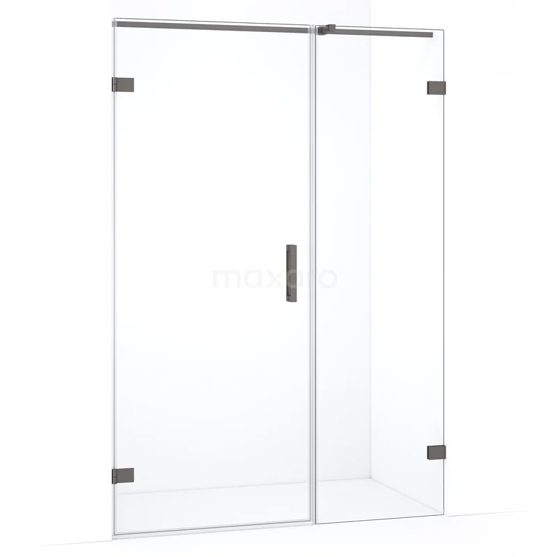 Glazen douchewand met scharnierdeur, helder glas, roestvrijstalen accenten, modern design voor een stijlvolle badkamer.