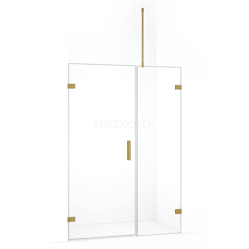 Glazen douchedeur met goudkleurige scharnieren, minimalistisch design, perfect voor een moderne badkamerinrichting.