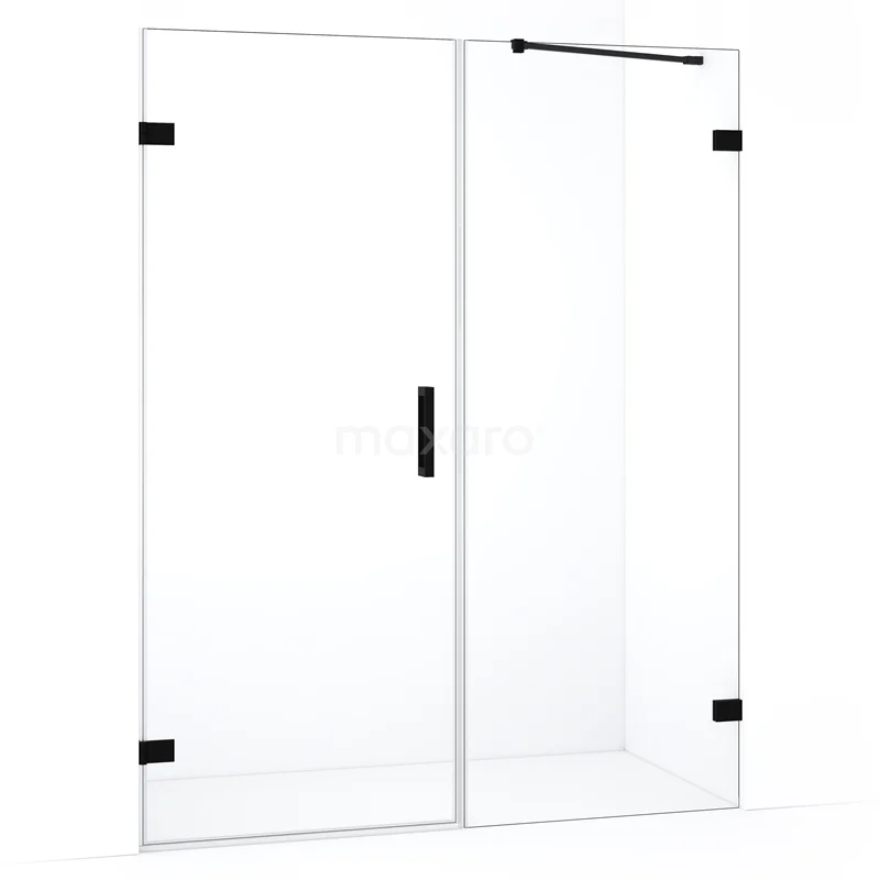 Douchedeur van helder glas met zwart metalen accenten, strak design, ideaal voor een moderne badkamerstijl.