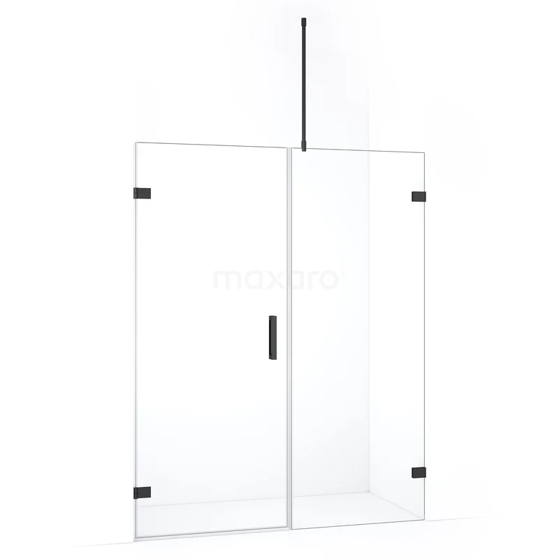 Glazen douchewand met deur, transparant design, matzwarte accenten, ideaal voor een moderne badkamerstijl.