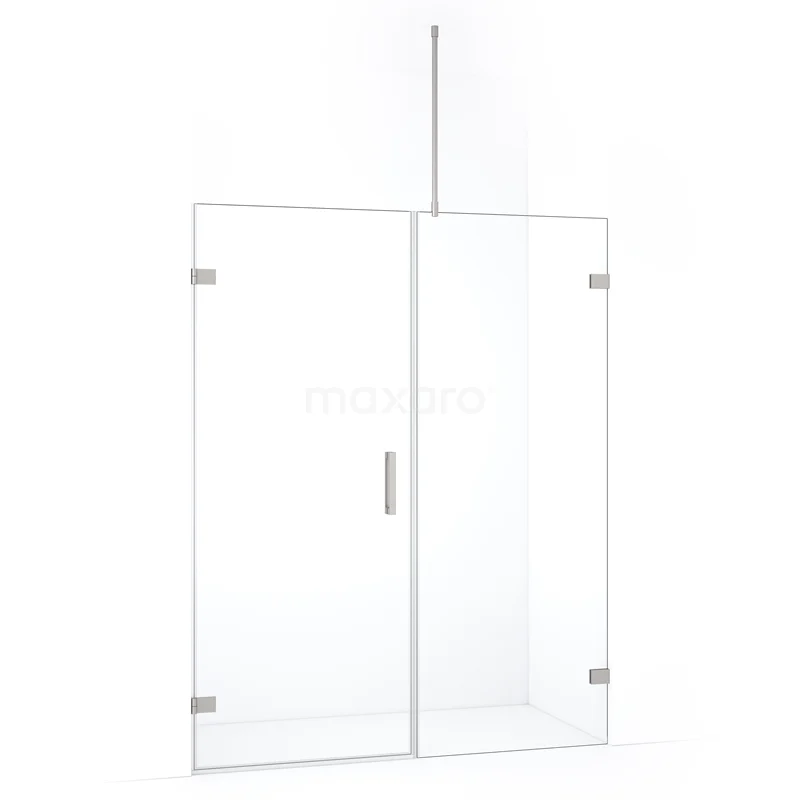 Glazen douchewand met scharnierdeur, frameloos design, helder veiligheidsglas, ideaal voor een moderne badkamer.