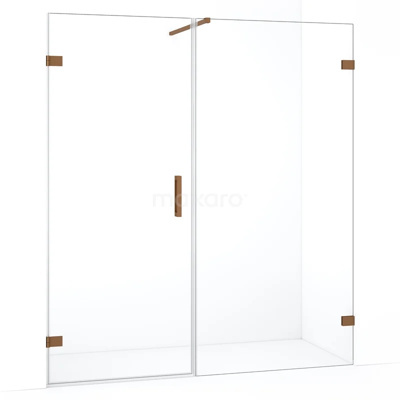 Glazen douchewand met bronskleurige accenten, moderne badkamerstijl, inclusief greep en minimalistische design kenmerken.