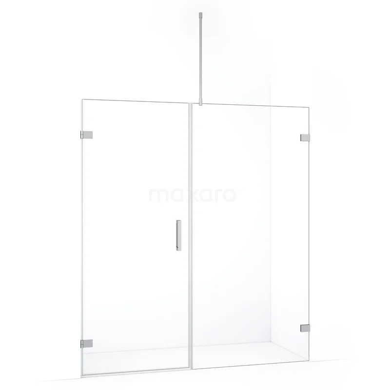 Glazen douchewand met scharnierdeur, heldere afwerking, moderne stijl en roestvrijstalen accenten voor een strakke badkamerinrichting.