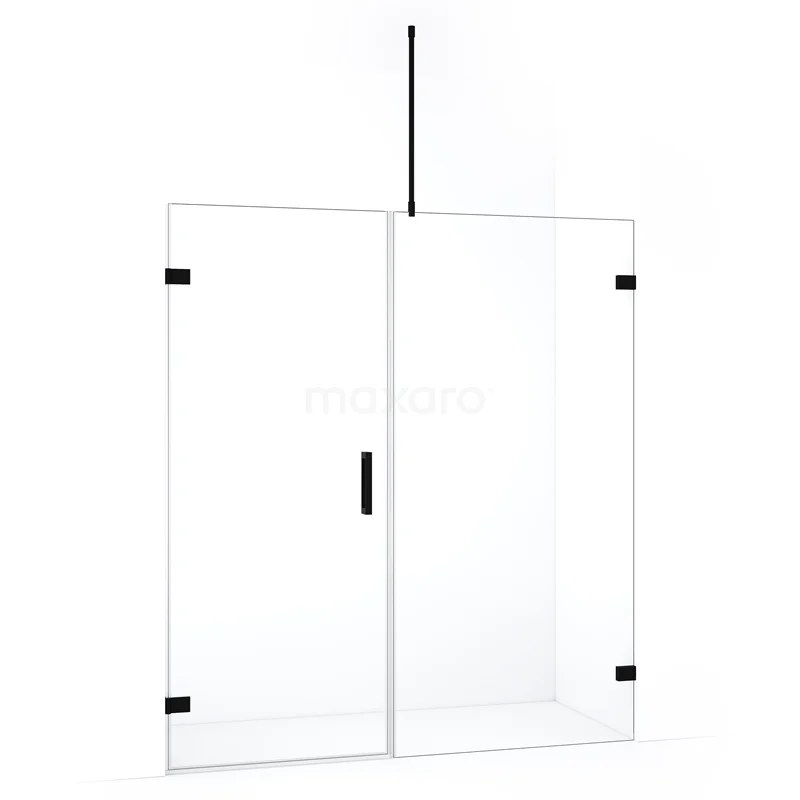 Douchewand met zwarte accenten, frameloos design, helder glas, perfect voor een moderne badkamer.