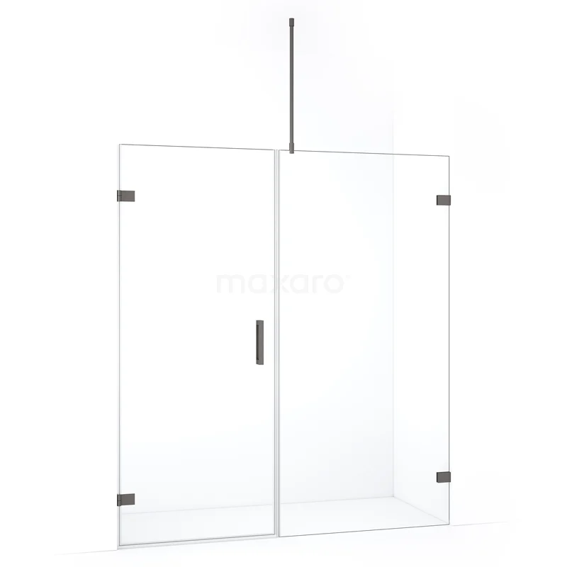 Glazen douchewand met matzwart frame en deur, modern design, geschikt voor strakke badkamerinrichting.