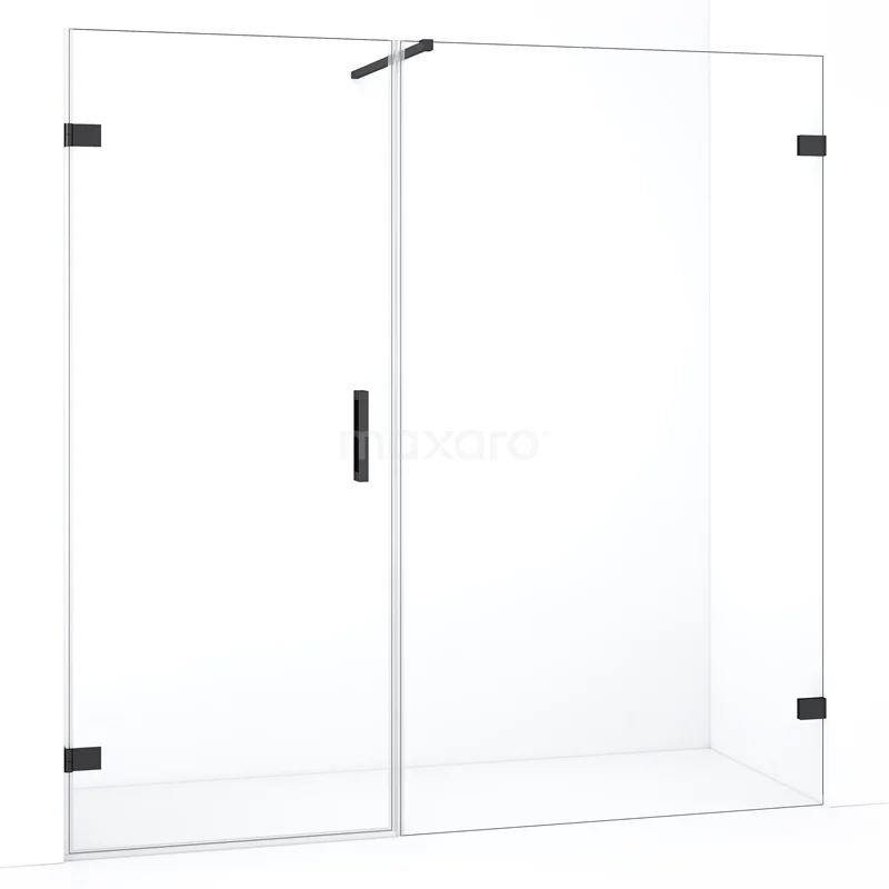 Douchedeur met mat zwarte accenten, helder glas, schuifmechanisme en minimalistisch design voor een moderne badkamerstijl.