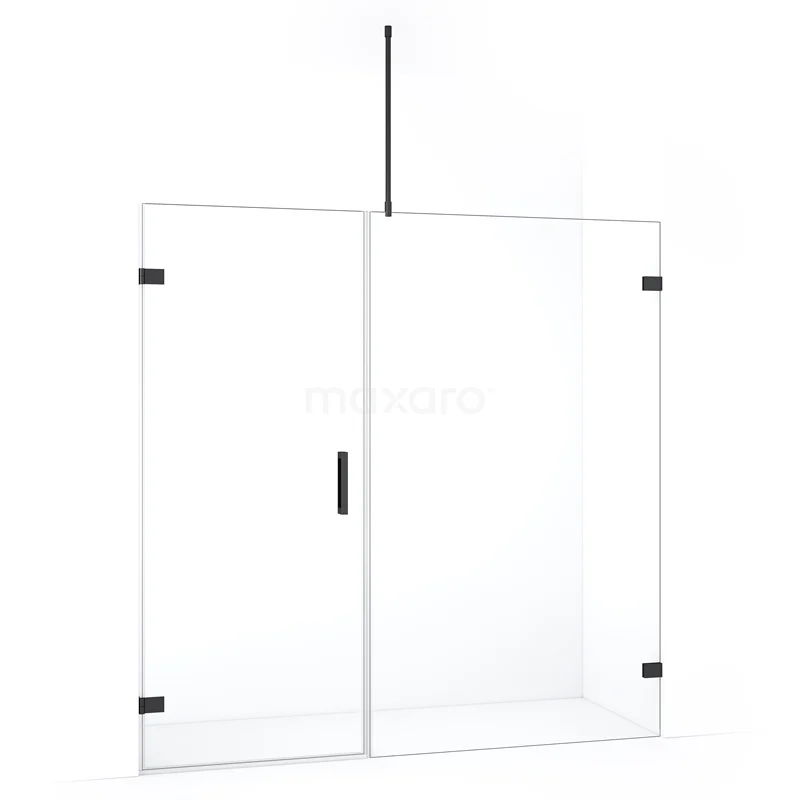 Glazen douchewand met matzwarte scharnieren en handgreep, modern design, ideaal voor een stijlvolle badkamerindeling.