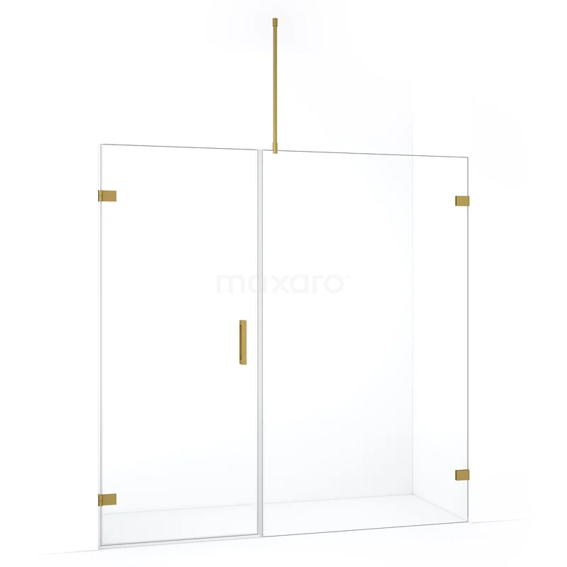 Glazen douchewand met goudkleurige accenten, minimalistisch design, perfect voor een luxe en moderne badkamer.