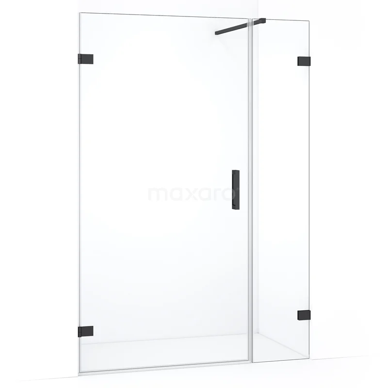 Glazen douchewand met zwarte accenten, moderne inloopdouche van veiligheidsglas, geschikt voor elke strakke badkamerstijl.
