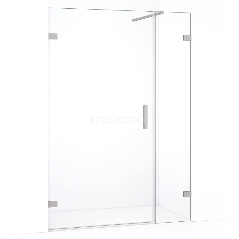 Heldere glazen douchewand met scharnierdeur, minimalistisch design en roestvrijstalen accenten, ideaal voor moderne badkamers.