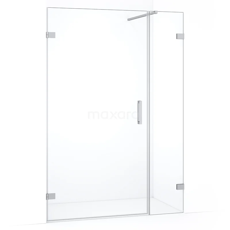 Glazen inloopdouche met minimalistisch design, helder gehard glas en roestvrijstalen scharnieren, ideaal voor moderne badkamers.