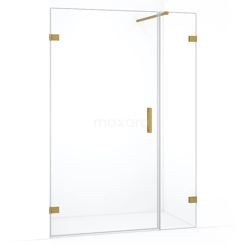 Glazen douchewand met goudkleurige accenten, strak ontwerp, ideaal voor een moderne badkamer.