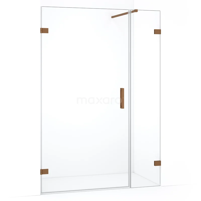 Glazen douchewand met bronzen details, minimalistisch ontwerp, ideaal voor een moderne badkamer.