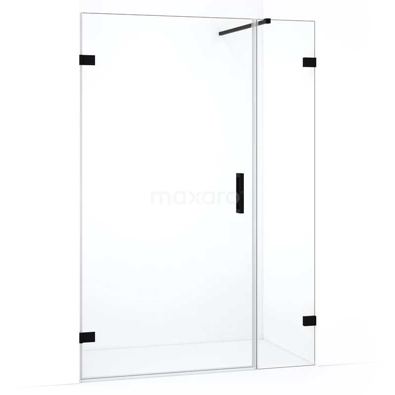 Douchewand zwart frame van veiligheidsglas, modern design voor stijlvolle badkamerinrichting.