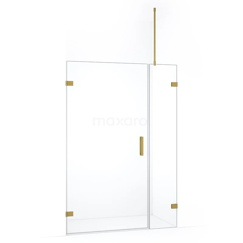 Glazen douchedeur met goudkleurige accenten, frameloos design, perfect voor een moderne badkamer.