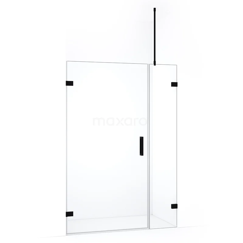 Glazen douchedeur met matzwarte details, draaideurdesign, modern en minimalistisch, perfect voor een strakke badkamerstijl.