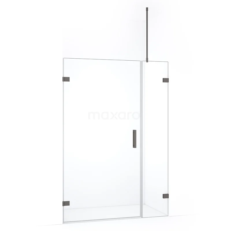 Glazen douchewand met deur en scharnieren, helder glas, strak design, ideaal voor een moderne badkamer.