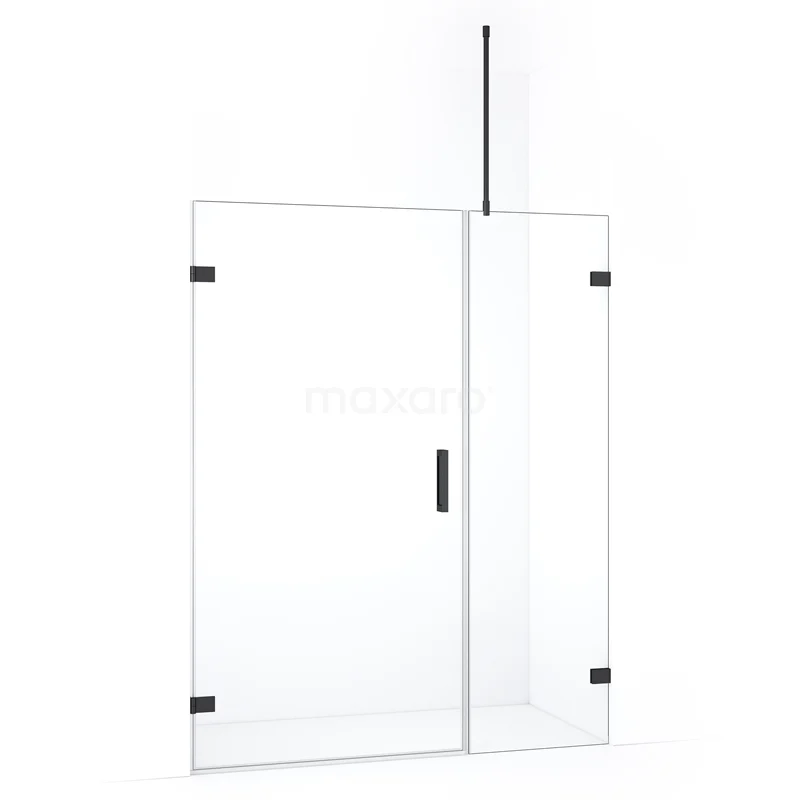 Douchewand van helder glas met zwarte details, modern design, ideaal voor een stijlvolle badkamerinrichting.
