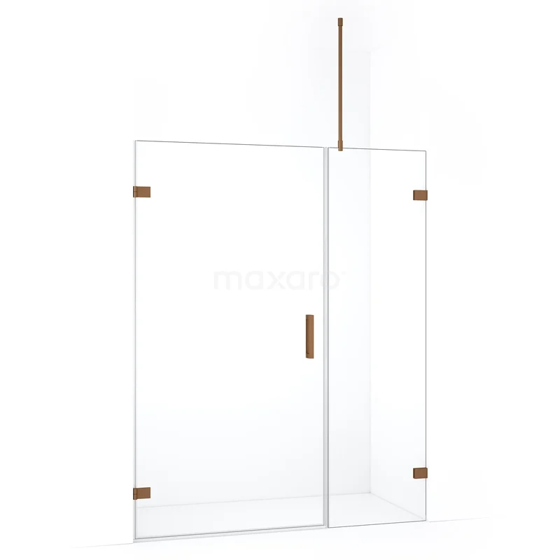 Heldere glazen douchewand met koperkleurige accenten, modern design, perfect voor een stijlvolle badkamerinrichting.