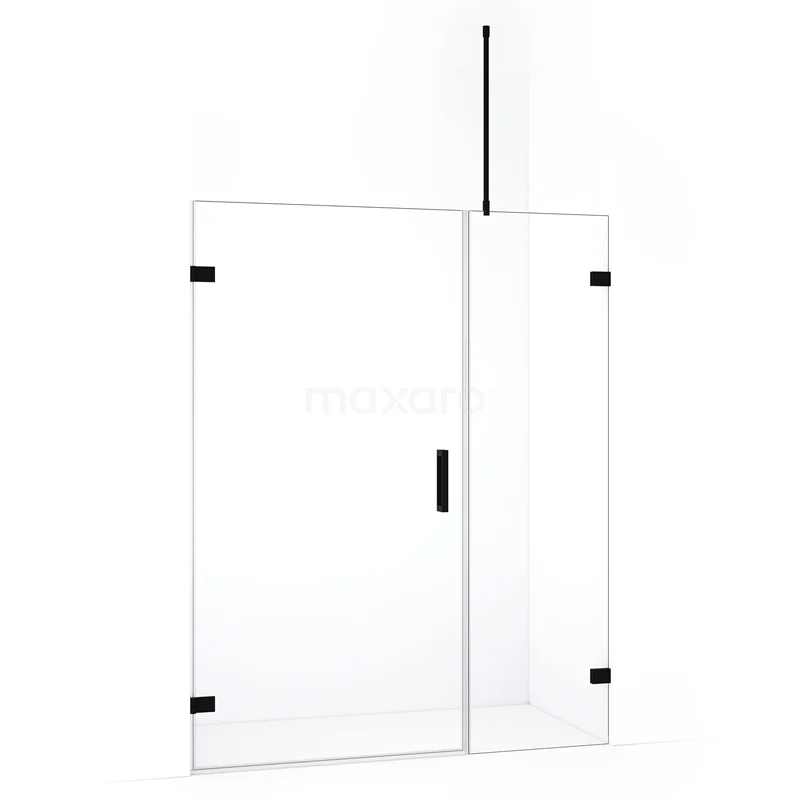 Glazen douchewand met zwarte accenten, hoekig design, ideaal voor een moderne badkamer.