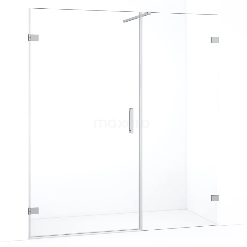 Douchewand met deur, helder glas, modern RVS handvat, minimalistisch design, ideaal voor een stijlvolle en strakke badkamer.