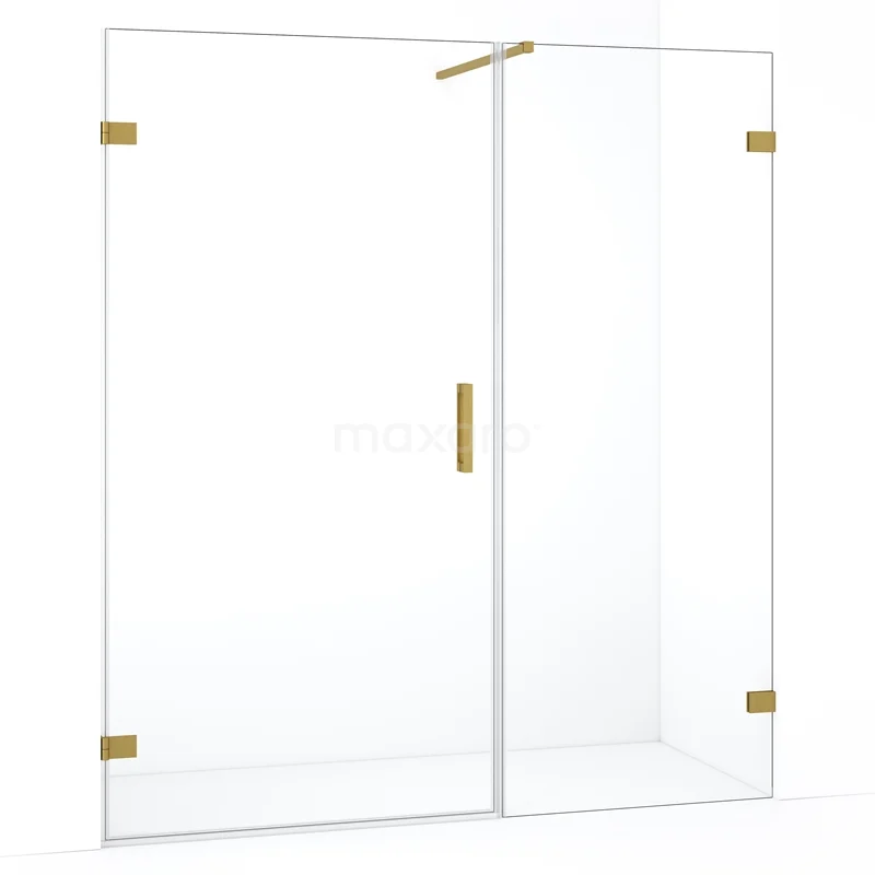 Glazen douchewand met goudkleurige accenten, strak design, ideaal voor een luxe badkamerstijl.