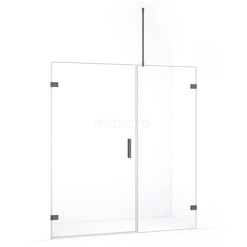Glazen douchewand met scharnierdeur, heldere glasafwerking, strak ontwerp en mat zwarte details, ideaal voor moderne badkamers.