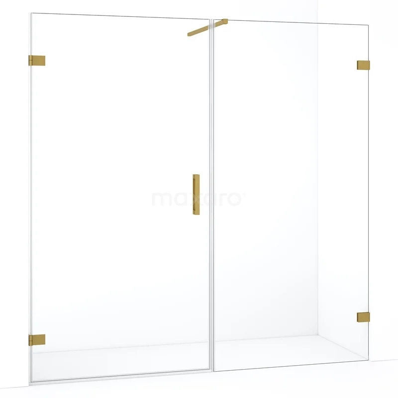 Glazen douchewand met gouden scharnieren en handgreep, strak design voor een moderne badkamer.