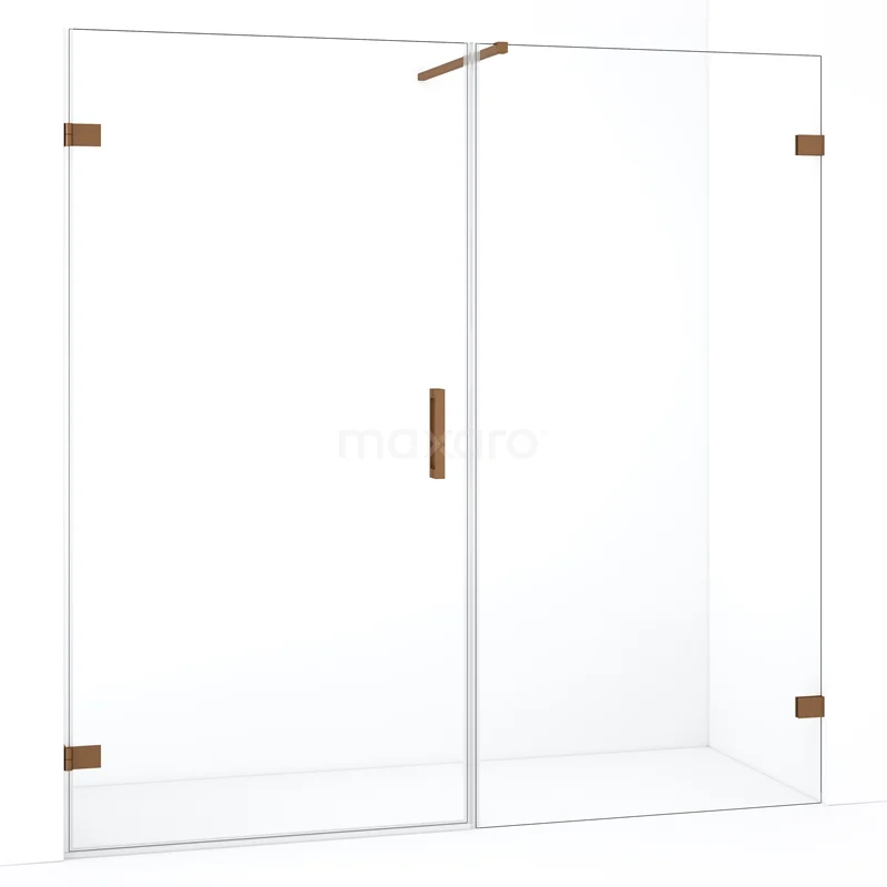 Glazen douchewand met dubbele deuren, transparant met goudkleurige scharnieren en handgrepen, ideaal voor een moderne badkamer.