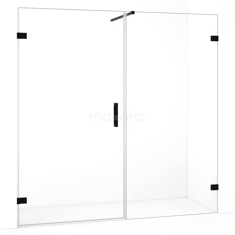 Inloopdouche met helder glazen wanden, zwart scharnier en handgreep, moderne badkamerstijl, serie minimalistisch design.