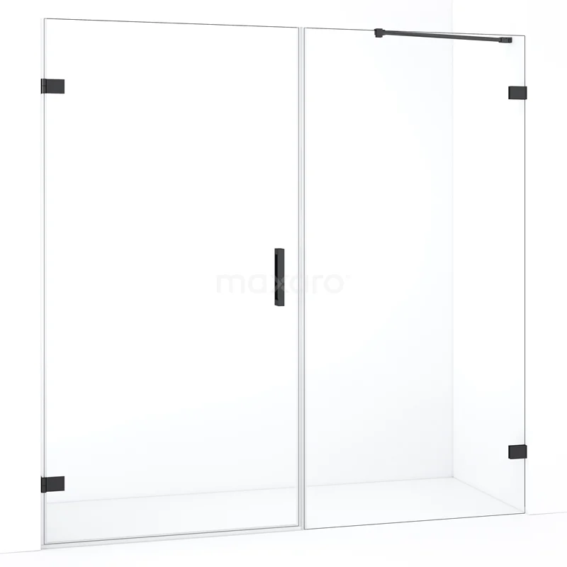 Glazen douchewand met schuifdeur, zwart metalen accenten, modern design, ideaal voor een stijlvolle badkamer.