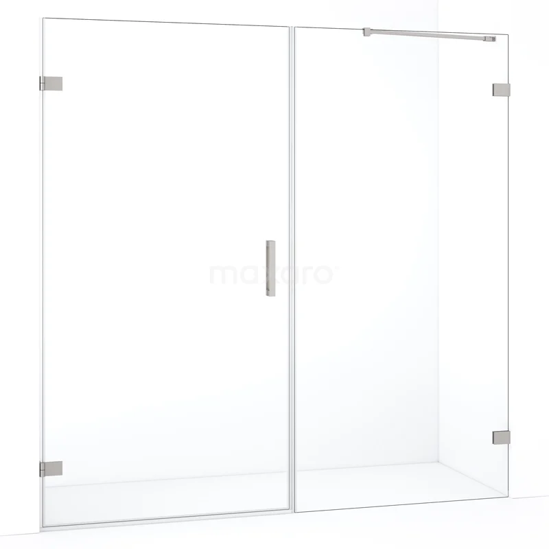 Heldere glazen douchewand met chromen scharnieren, inclusief schuifdeur, strak design voor een moderne badkamer.