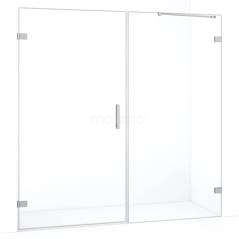 Glazen douchedeur met schuifmechanisme, helder veiligheidsglas, stijlvol RVS-handvat, perfect voor moderne badkamers.