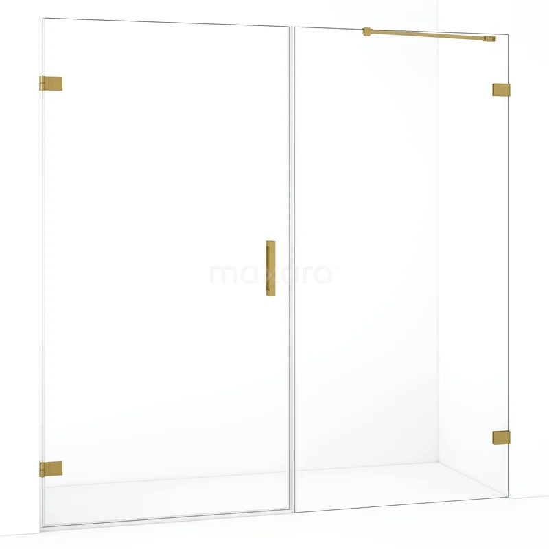 Glazen douchewand met schuifdeur, goudkleurige details, van gehard glas, modern ontwerp voor een stijlvolle badkamer.