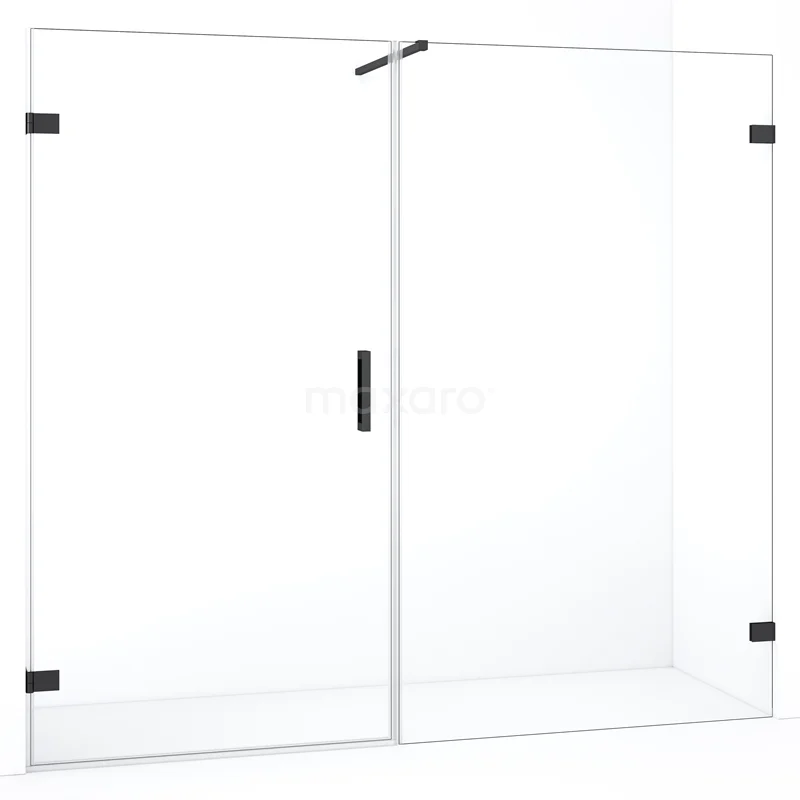 Glazen douchewand met zwart metalen accenten, modern design, ideaal voor een stijlvolle badkamerrenovatie.
